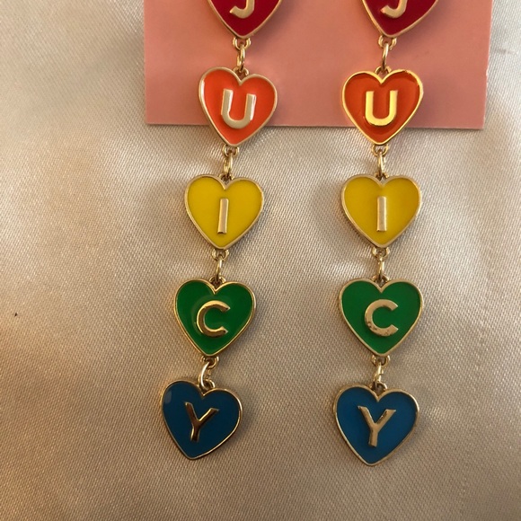 Juicy Couture Gold Tone Enamel Rainbow Stacked Juicy Hearts Drop Earrings NWT - Picture 7 of 11
